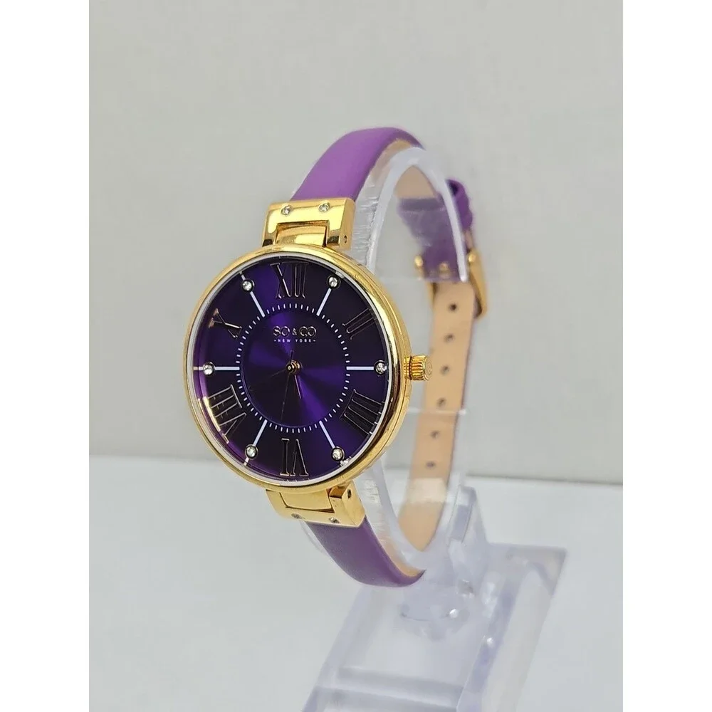 SO & CO New York Womens Studio 34mm Purple Gold Tone Leather Watch New Battery